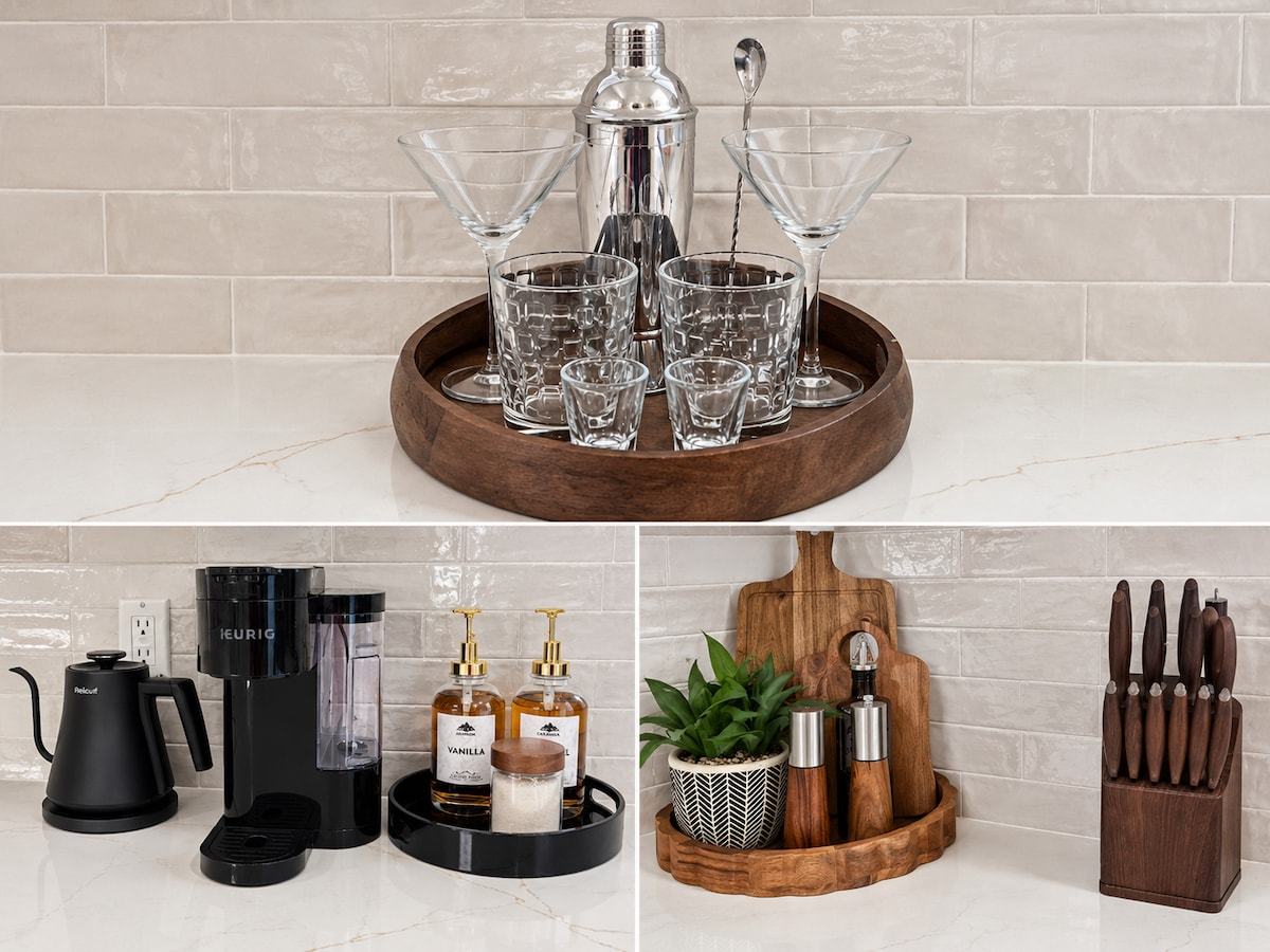 Cocktail set, coffee station and kitchen counter details