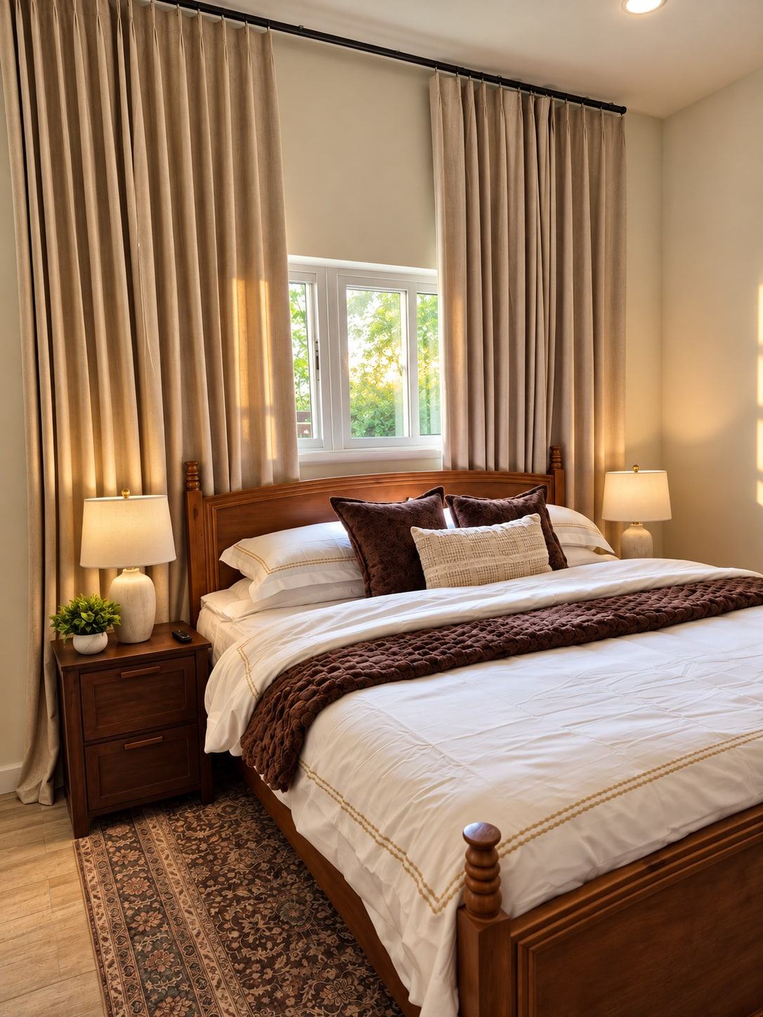 King bedroom with white linens and wood bed frame