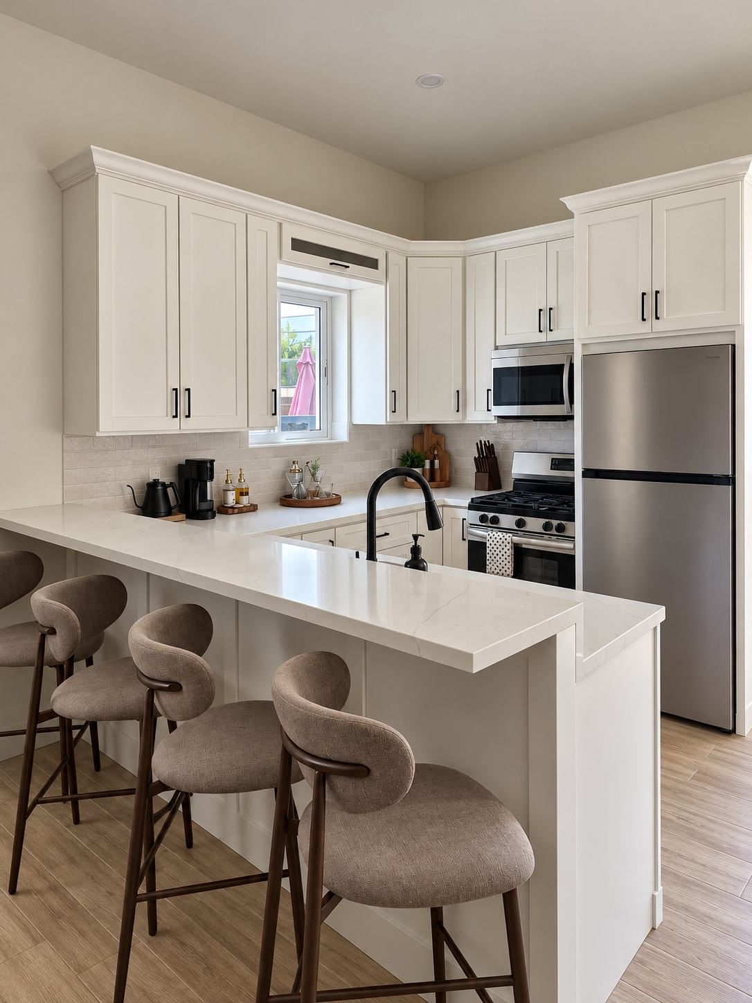 Kitchen with breakfast bar and upholstered stools