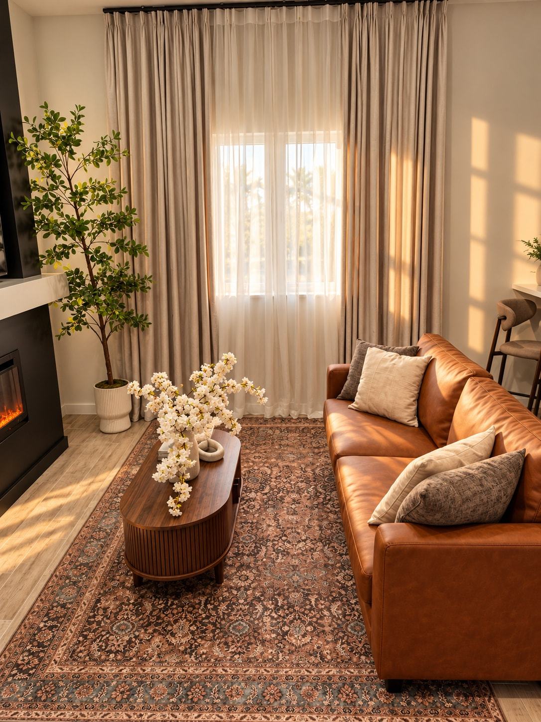 Sunlit living room with cognac leather sofa, patterned rug and fluted wood coffee table