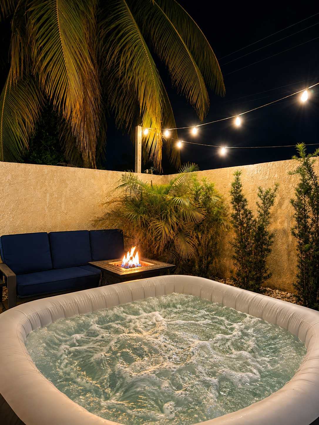 Bubbling jacuzzi in a walled garden at night, with a fire table, navy outdoor sofa and string lights under a palm